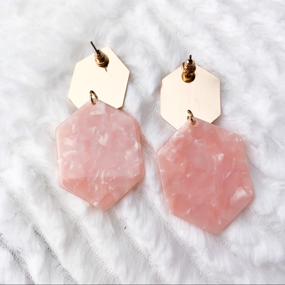 SOLD - Pink Polygon Acrylic Statement Earrings - Picture 2 of 3